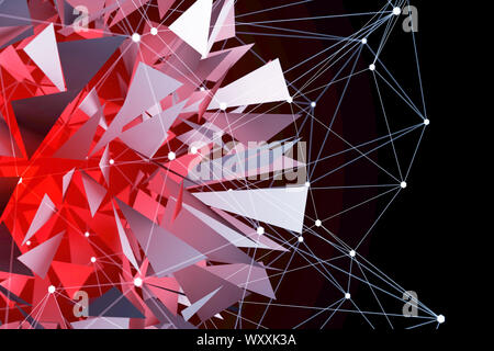 Illustration 3D Rendering. Orb Sphère rougeoyants rouges avec du verre brisé passant derrière une grille 3D blanc. Abstract creative tech design arrière-plan. Banque D'Images