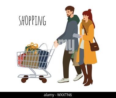 Happy young couple marié avec achats. Homme avec un panier et une femme avec les paquets. Illustration d'un vecteur isolé modèle plat Illustration de Vecteur