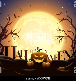 Minuit Halloween Creepy illustration. Pumpkins sous la pleine lune. Les chauves-souris volent. Les éléments sont séparément en couches en fichier vectoriel. Illustration de Vecteur