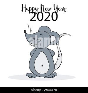 Année du Rat 2020. Symbole de fête style dessin animé sur un fond blanc. Bonne année 2020. Bannière, flyer. Rat mignon Illustration de Vecteur