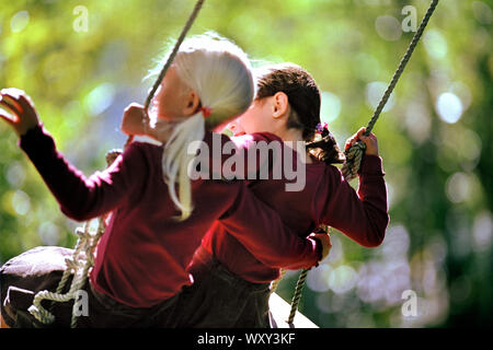 Deux petites filles se balançant ensemble sur tree swing. Banque D'Images