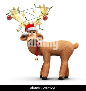 Renne rigolo avec Santa Claus hat et décoration sur le merrain isolé sur fond blanc le rendu 3D Banque D'Images