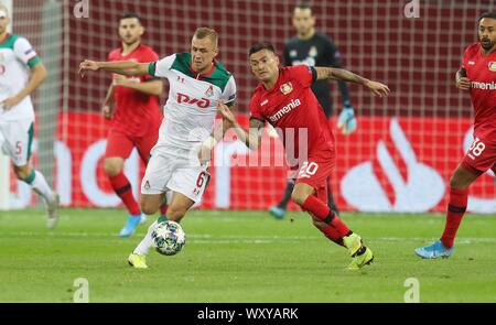 Leverkusen, Allemagne. 18 Sep, 2019. firo : 18.09.2019 Football, Ligue des champions 2019/2020 Bayer Leverkusen - duels Lokomotiv Dwithry Barinov Charles Aranguiz | Conditions de crédit dans le monde entier : dpa/Alamy Live News Banque D'Images