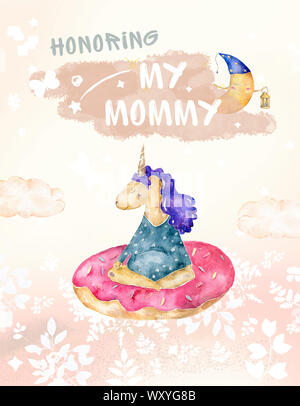 Jeu de cartes de temps magiques. Carte, affiche pour impression. Jolie illustration aquarelle avec licorne et lune avec fond de ville. Affiche pour momie Banque D'Images