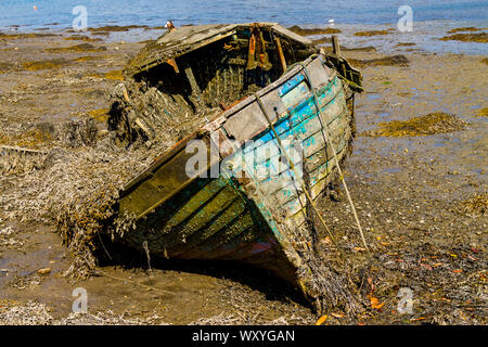 Naufrage du bateau construit à clins en bois pourrir dans la boue d'un estuaire Banque D'Images