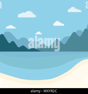 Simple blue Mer, montagnes et plage de sable fin de l'été l'arrière-plan. Illustration de Vecteur