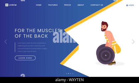 Muscles du dos de l'atterrissage de formation Modèle de page. Centre de sport, le culturisme, l'interface d'accueil de site web idée d' illustrations vectorielles. Concours de dynamophilie, bannière web cartoon page web concept Illustration de Vecteur