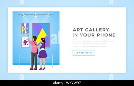 Art gallery app landing page modèle. Jeune couple visiter exposition de peintures abstraites, prendre des photos de personnages de dessins animés. Collection d'art moderne site web promotionnel mise en page conception de page Illustration de Vecteur