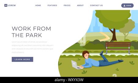 Travailler à partir de park landing page modèle. La communication en ligne, travail à distance, le travail à distance accueil du site web. Femme freelance, concepteur à l'aide de l'ordinateur portable sur l'herbe dans le parc urbain personnage Illustration de Vecteur