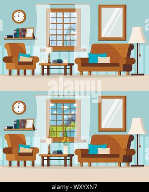 Salon confortable avec meubles et vue de la fenêtre de l'hiver et été lac paysage. Illustration de Vecteur