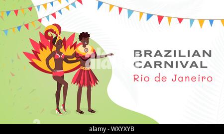 Festival brésilien bandeau plat modèle vectoriel. Heureux l'homme et la femme latino dans de beaux costumes authentiques de personnages de dessins animés. Célébration de l'Amérique du Sud National, Rio de Janeiro Appartement de vacances mise en page de l'affiche Illustration de Vecteur