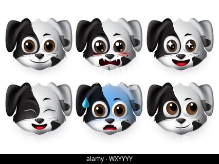 Les chiens Emoji vector set. Émoticônes et smileys de puppy dog face dans un état excité et effrayé l'humeur et l'émotion isolé en fond blanc. Vector illustration Illustration de Vecteur