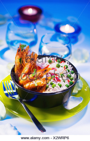 Crevettes flambées et de Riz aux pois