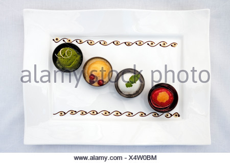 Divers sorbets sur une plaque blanche, Haute Cuisine, Auberge de la Ferme Hueb, Mike Germershausen, Marckolsheim, Alsace, France