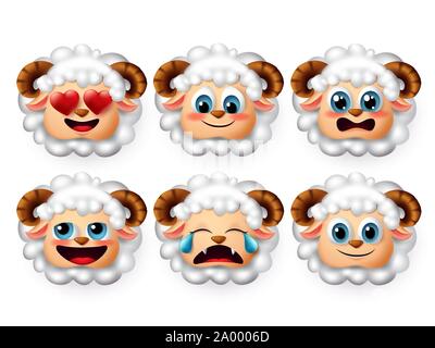 Pecore vettore emoji set. Carne di agnello o di pecore faccia emoticon con graziosi emozioni come inlove timido e isolato in uno sfondo bianco. Illustrazione Vettoriale. Illustrazione Vettoriale