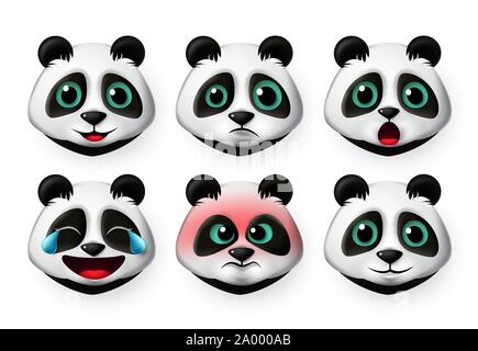 Panda vettore emoji set. Big simpatico orso panda faccia emoticon in collera e felice di emozioni per la raccolta di carattere isolato in uno sfondo bianco. Illustrazione Vettoriale