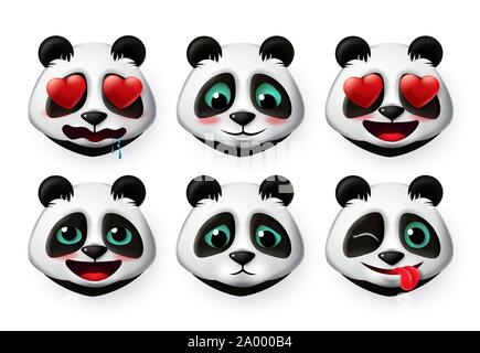 Pandas emojis e recare le emoticon set di vettore. Orso Panda faccia di testa gli Emoji come timido e inlove espressioni carino 3d design realistico isolato in bianco. Illustrazione Vettoriale