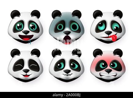 Panda emoticon o teste di orso vector set. Pandas big bear emojis faccia nella fame e arrabbiato espressione per firmare e simboli isolati in sfondo bianco Illustrazione Vettoriale