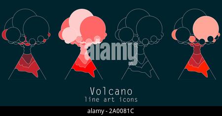 Linea Vulcano arte icone su sfondo nero. In stile appartamento. Illustrazione Vettoriale Illustrazione Vettoriale