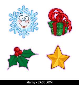 Vector Cartoon Icon set di un fiocco di neve gli Emoji, un nastro rosso verde regalo box, agrifoglio vischio e un Natale Stella d'oro. Le illustrazioni e le linee di colore, Sh Illustrazione Vettoriale