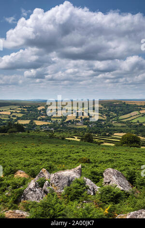 Spettacolare ampie vedute pittoresche in Dartmoor Devon - rocce, cielo blu e nuvole gonfi, England, Regno Unito Foto Stock