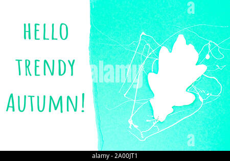 Neo menta trendy colore sfondo bianco con foglie di quercia e copyspace. Ciao autunno del concetto. Foto Stock
