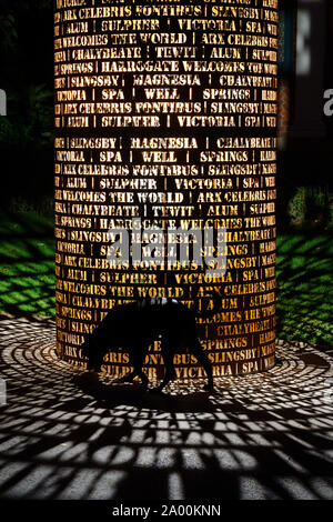 Silhouette di un cane Labrador nero accanto a una nuova installazione leggera in acciaio con i nomi di pozzi minerali, Valley Gardens, Harrogate, Regno Unito. Foto Stock