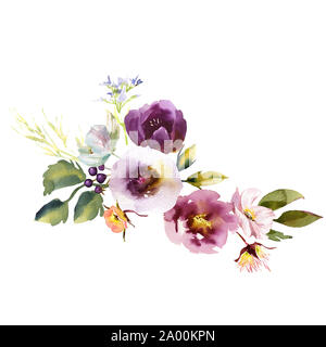 Disegno a mano ad acquerello Nuziale matrimonio bouquet romanric rusticred rosa e viola e fiori d'arancio ornamento Foto Stock