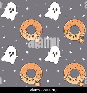 Carino bella halloween vettore seamless pattern illustrazione dello sfondo con il cartoon carattere fantasma e ciambella Illustrazione Vettoriale