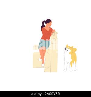 La ragazza è seduta con un Shiba Inu cane all'aperto Illustrazione Vettoriale