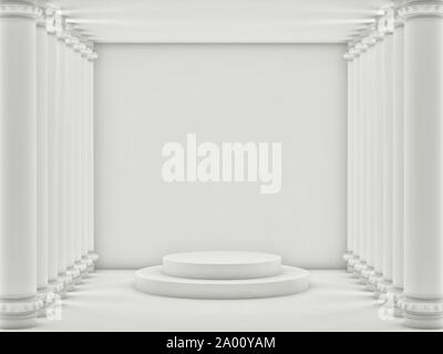 Svuotare la camera di luce bianca con pareti in mattoni e colonne bianche. 3D render Foto Stock