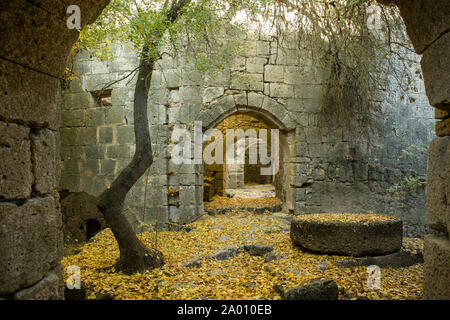 Le rovine di un mulino in pietra in autunno Foto Stock