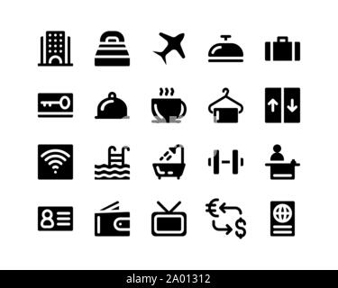 Hotel Icon Set. solido nero illustrazione vettore isolato su sfondo bianco Illustrazione Vettoriale