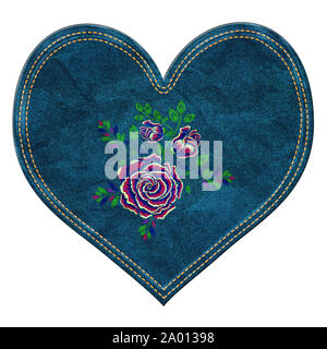 Grunge cuore di dettagliate blu denim texture con rose ricamato. Foto Stock