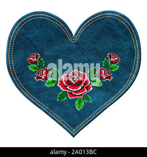 Grunge cuore di dettagliate blu denim texture con rose ricamato. Foto Stock