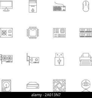 Hardware per computer e accessori set di icone outline o stile di linea illustrazione vettoriale. le periferiche del computer Illustrazione Vettoriale