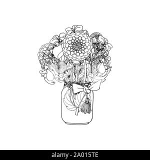 Disegnato a mano stile doodle bouquet di fiori diversi, dalia, stock fiore, pisello dolce Illustrazione Vettoriale