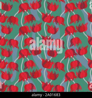 Vettore di seamless pattern con tulipani rossi su verde Illustrazione Vettoriale
