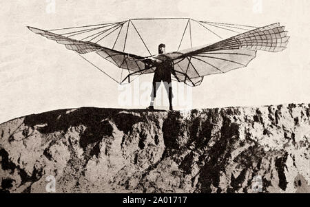 Karl Wilhelm Otto Lilienthal (23 maggio 1848 - 10 agosto 1896) era un pioniere tedesco di aviazione che divenne noto come "l'uomo volante', e la prima persona a rendere ben documentata, ripetuto, voli di successo con alianti, che portano una somiglianza con quelle progettate da Leonardo Da Vinci. Utilizzo di una collina artificiale ha costruito nei pressi di Berlino e da colline naturali, specialmente nella regione di Rhinow, Lilienthal realizzato oltre 2.000 voli negli alianti del suo progetto a partire dal 1891 con la sua prima versione glider, il Derwitzer, fino alla sua morte in un deltaplano crash nel 1896. Foto Stock