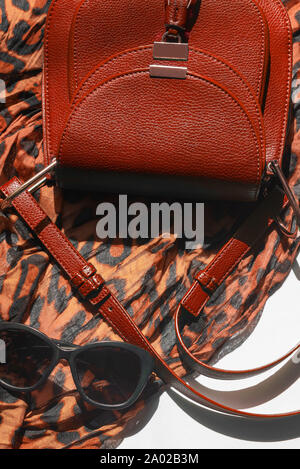 Le donne luce accessori sciarpa leopard stampa occhiali nero borsa. Copia dello spazio. In verticale Foto Stock