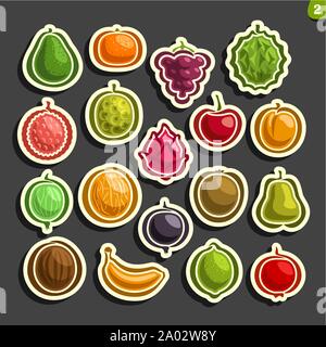 Vettore icone Set di colorati frutti e bacche isolati su sfondo nero. Illustrazione Vettoriale