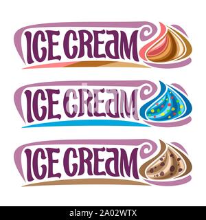 Vector set di etichette per gelati: 3 vintage adesivi per l'italiano napoletano di dessert e blue bubble gum, scaglie di cioccolato soft servire gelato, lettera Illustrazione Vettoriale