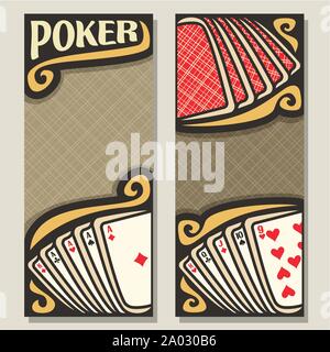 Vettore banner verticale per il Poker gamble: rosso dorsi delle carte da gioco sul tavolo, vista dall'alto, combinazioni di carte quattro assi e dritto, modelli con brow Illustrazione Vettoriale