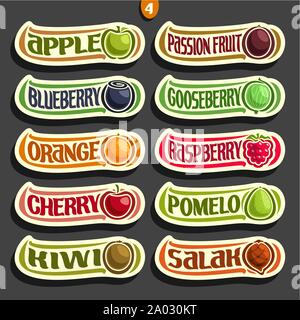 Set di vettore di colorati frutti e bacche di etichette: raccolta di frutti exsotic logo con scritte, isolati su nero. Illustrazione Vettoriale