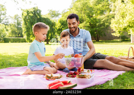 La famiglia felice avente picnic al parco di estate Foto Stock