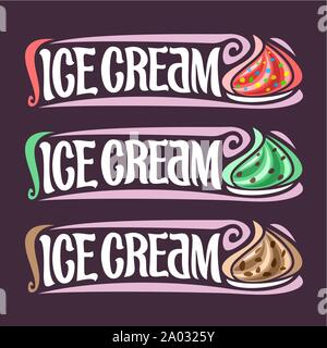 Vector set di etichette per gelati: 3 vintage colorati adesivi per red bubble gum, menta scaglie di cioccolato, burro di noci pecan tagliate a servire morbido gelato, testo - ice Illustrazione Vettoriale