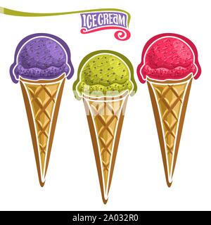Set di vettore di gelati in cono di cialda: 3 coni vibranti colori gelato di frutta con semi di chia su sfondo bianco. Illustrazione Vettoriale