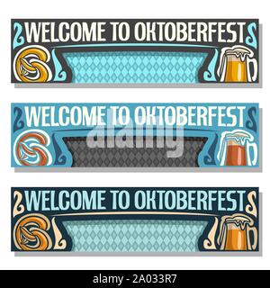 Vector Oktoberfest banner: 3 intestazioni web per ottobre festival in tedesco Monaco di Baviera, modelli con bandiera bavarese, titolo benvenuti all'Oktoberfest, formati w Illustrazione Vettoriale