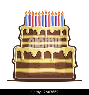 Illustrazione Vettoriale di torta di compleanno: due tier festosa dessert con 12 colorato candele accese su sfondo bianco, icona della torta di anniversario con van Illustrazione Vettoriale