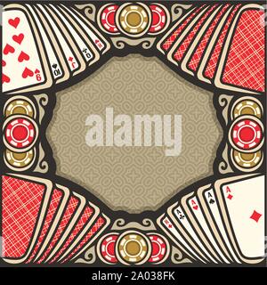 Poster del vettore per il Poker gamble: cornice marrone con sfondo per il testo sul tema del gioco d'azzardo su copyspace, tavolo del poker con carte da gioco di rosso spalle top v Illustrazione Vettoriale
